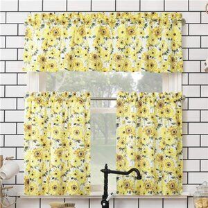 Sunbeam Sunflower Print SemiSheer Rod Pocket Kitchen Curtain Valance & Tiers Set